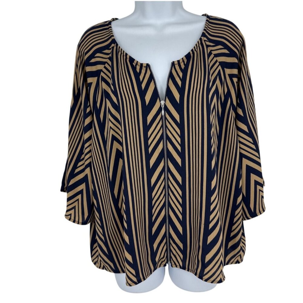Chico's Chevron Print Navy & Beige  Zip Front 3/4 Sleeves Blouse Size 2 US L